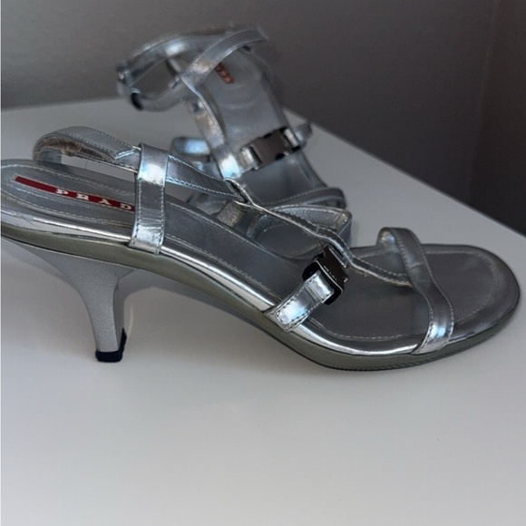 Prada Metallic Silver Strappy Sandal Wedges - Picture 2 of 4